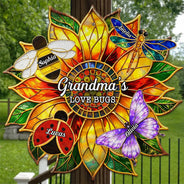 Gift For Grandma,Grandma - Grandkids,Grandma's Hobby,Gardening,Happy,Icon,Playful - Grandma's Love Bugs Stained Glass Effect - Personalized Custom Shaped Metal Sign