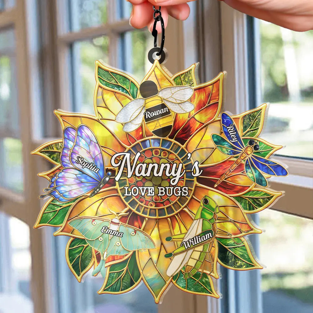 Gift For Grandma, Grandma - Grandkids, Grandma's Hobby, Gardening, Happy - Grandma's Love Bugs Stained Glass Effect - Personalized Window Hanging Suncatcher Ornament