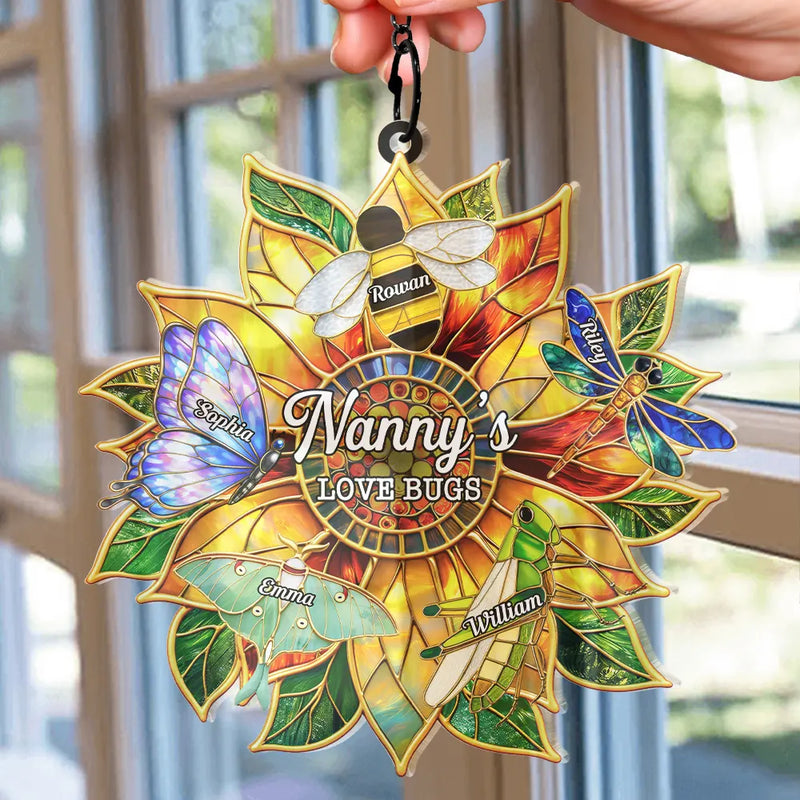 Gift For Grandma, Grandma - Grandkids, Grandma's Hobby, Gardening, Happy - Grandma's Love Bugs Stained Glass Effect - Personalized Window Hanging Suncatcher Ornament