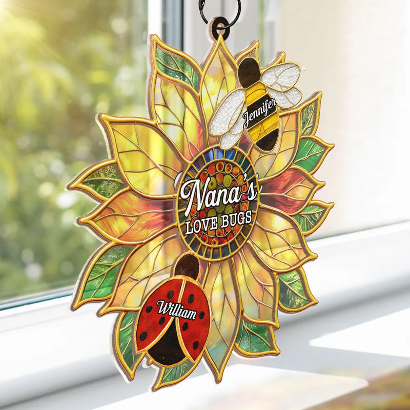 Gift For Grandma, Grandma - Grandkids, Grandma's Hobby, Gardening, Happy - Grandma's Love Bugs Stained Glass Effect - Personalized Window Hanging Suncatcher Ornament
