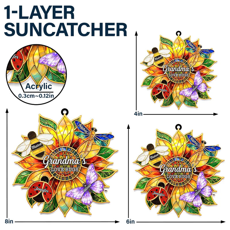 Gift For Grandma, Grandma - Grandkids, Grandma's Hobby, Gardening, Happy - Grandma's Love Bugs Stained Glass Effect - Personalized Window Hanging Suncatcher Ornament