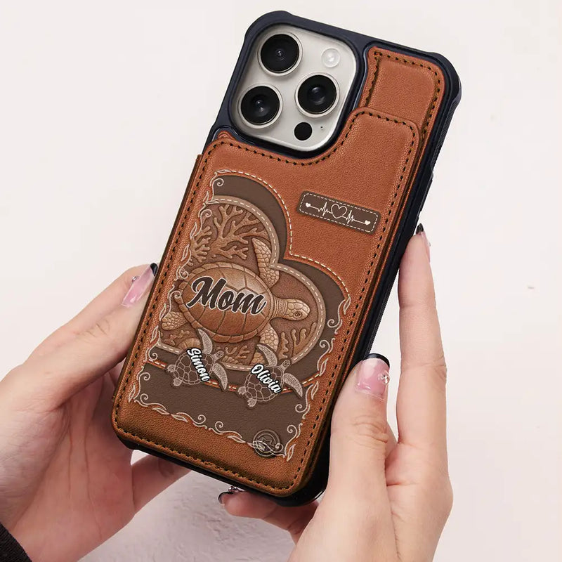 Gift For Yourself,Gift For Women,Gift For Mother,Gift For Grandma,Love - Grandma's Mom's Sea Turtle - Personalized Leather Flip Wallet Phone Case