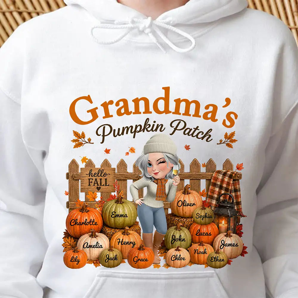 Gift For Grandchildren,Gift For Grandkids,Gift For Grandma,Cozy,Grandma - Grandkids,Vector - Grandma's Pumpkin Patch Fall Vibes - Personalized T Shirt