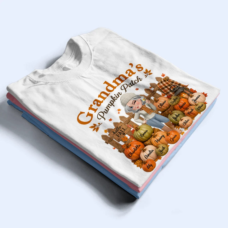 Gift For Grandchildren,Gift For Grandkids,Gift For Grandma,Cozy,Grandma - Grandkids,Vector - Grandma's Pumpkin Patch Fall Vibes - Personalized T Shirt
