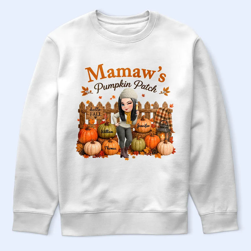 Gift For Grandchildren,Gift For Grandkids,Gift For Grandma,Cozy,Grandma - Grandkids,Vector - Grandma's Pumpkin Patch Fall Vibes - Personalized T Shirt