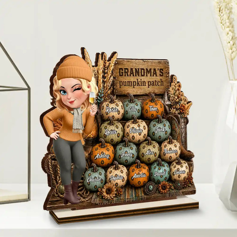 Gift For Grandchildren,Gift For Grandkids,Gift For Grandma,Cozy,Grandma - Grandkids,Vector - Grandma's Pumpkin Patch Leopard - Personalized Custom Shaped Wooden Plaque