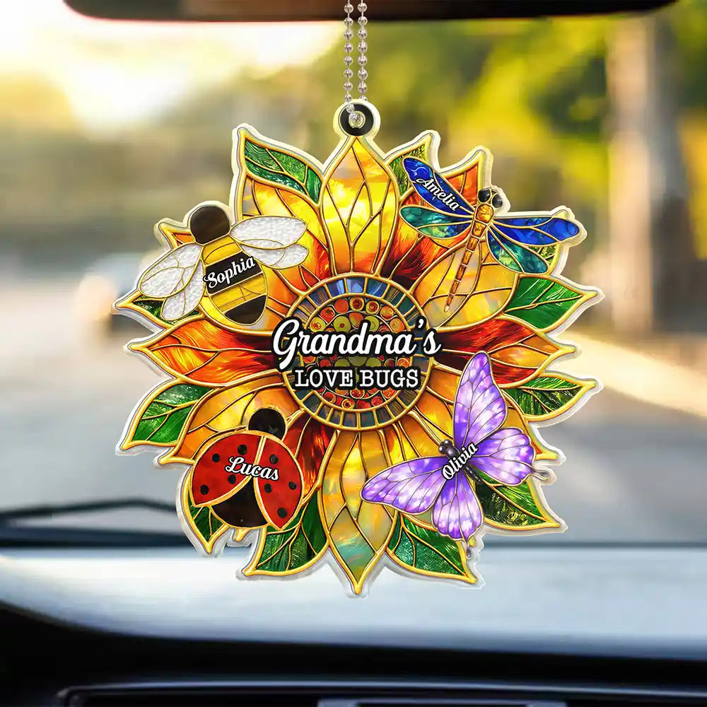 Gardening,Gift For Grandma,Grandma - Grandkids,Grandma's Hobby,Happy,Icon - Grandma's Love Bugs Stained Glass Effect - Personalized Acrylic Car Hanger