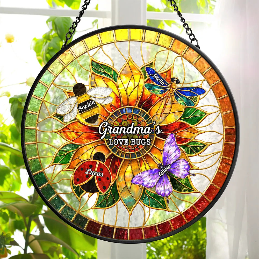 Grandma's Love Bugs Stained Glass Effect - Personalized Stained Glass Window Hanging Suncatcher