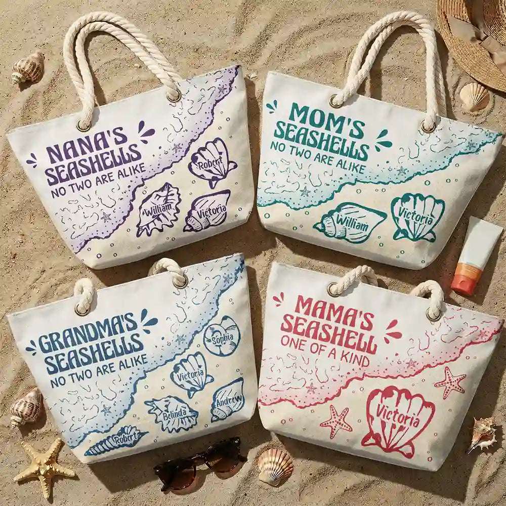 Gift For Grandma, Summer, Proud, Icon - Grandmas And Moms Seashells - Personalized Beach Bag