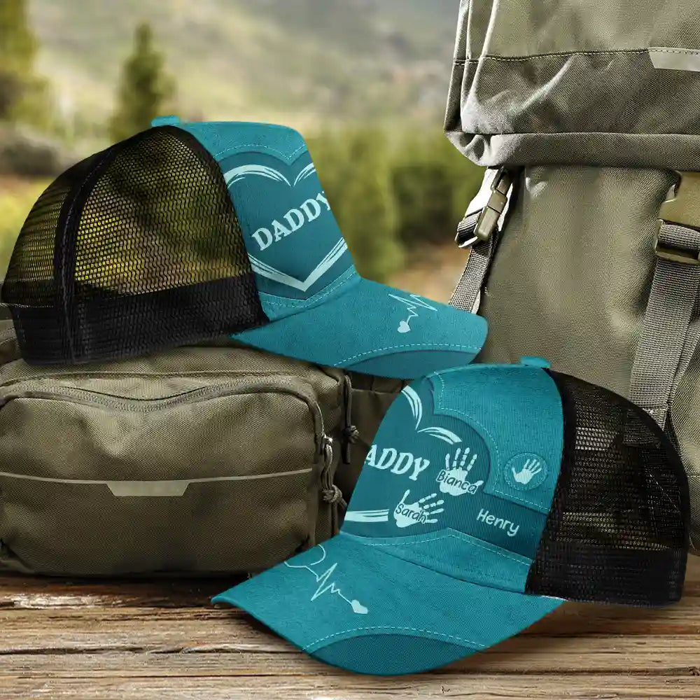 Gift For Father,Gift For Grandpa,Grandpa - Grandkids,Dad - Children,Happy - Grandad Dad Mum Kids Handprints - Personalised Trucker Cap