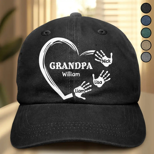Gift For Grandpa,Gift For Husband,Gift For Father - Grandpa Dad Grandma Mom Kids Handprints - Personalized Vintage Washed Denim Cap