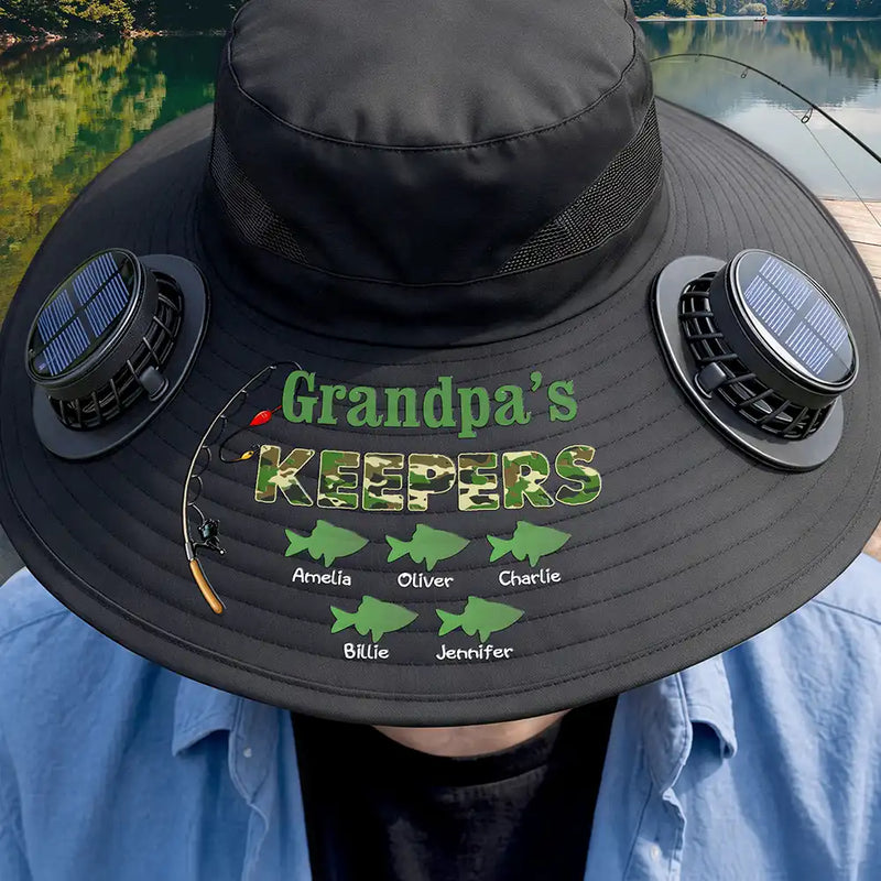 Gift For Grandpa,Gift For Father,Fishing,Happy,Icon - Grandpa's Keepers Camouflage Pattern - Personalized Solar Fan Hat
