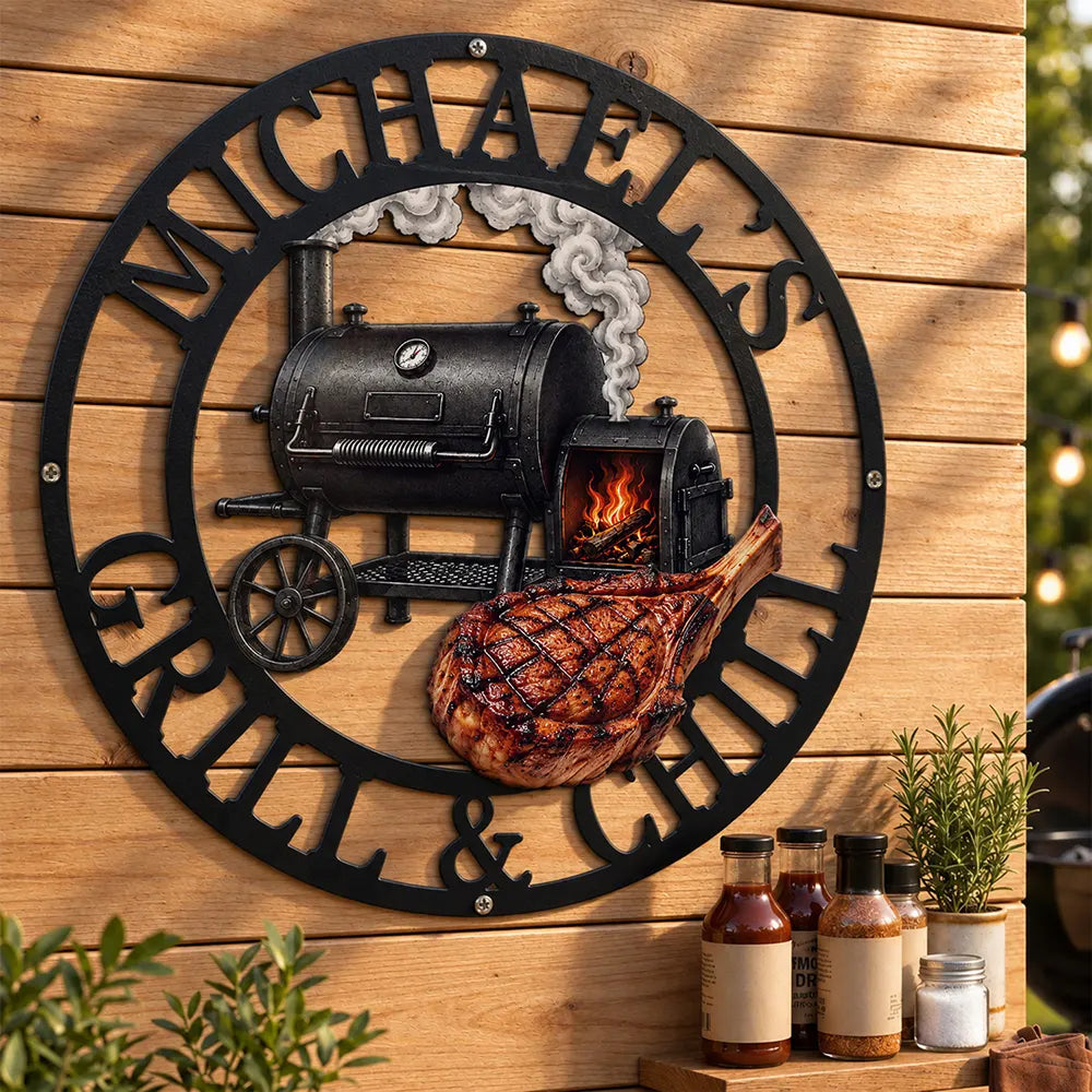 Top Market,Gift For Men,Gift For Yourself,Grilling,Icon,Happy - Grill & Chill Barbecue Gift For Husband Dad Grandpa - Personalized Custom Shaped Metal Sign