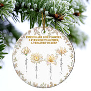 Happy,Gift For Bestie,Old Best friends,Christmas - Grow An Old Friend Birth Flower Nacre Effect - Personalized Circle Ceramic Ornament