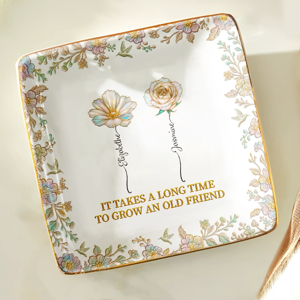 Grow An Old Friend Birth Flower Nacre Effect - Personalized Ring Dish