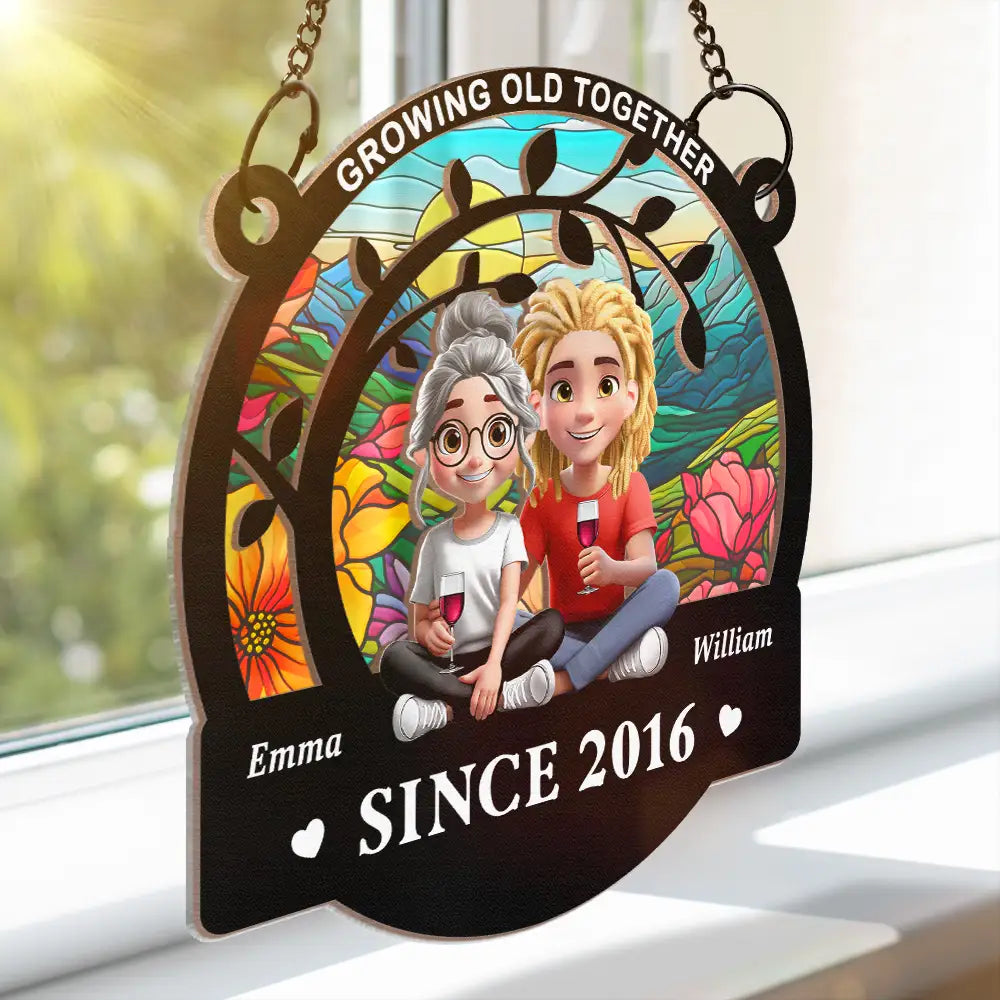 Gift For Couples,Old Couples,Gift For Husband,Gift For Wife,Happy - Growing Old Together Since - Personalized Window Hanging Suncatcher Ornament