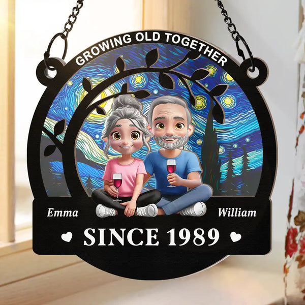 Gift For Couples,Old Couples,Gift For Husband,Gift For Wife,Happy - Growing Old Together Since - Personalized Window Hanging Suncatcher Ornament