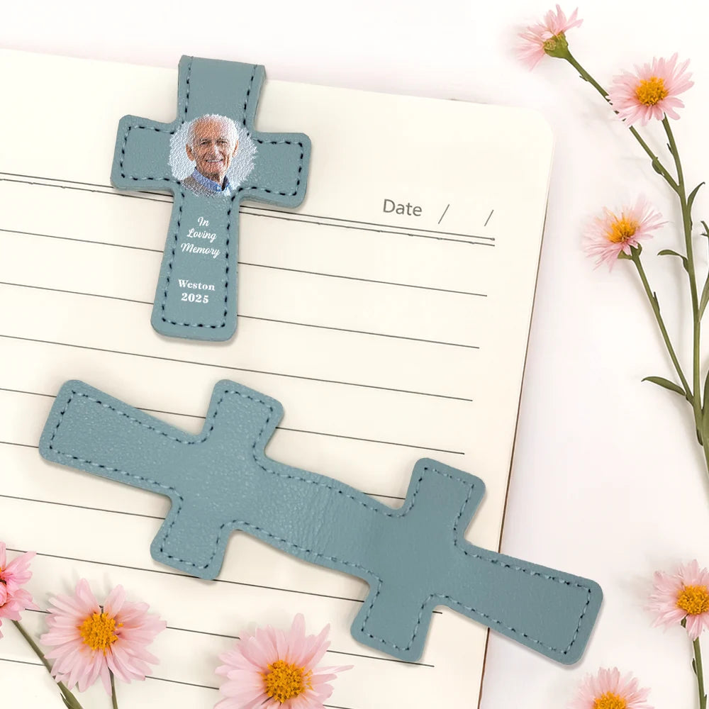 Gift For Yourself,Reading,Christian,Love - Custom Photo In Loving Memory Memorial - Personalized Cross Leather Magnetic Bookmark