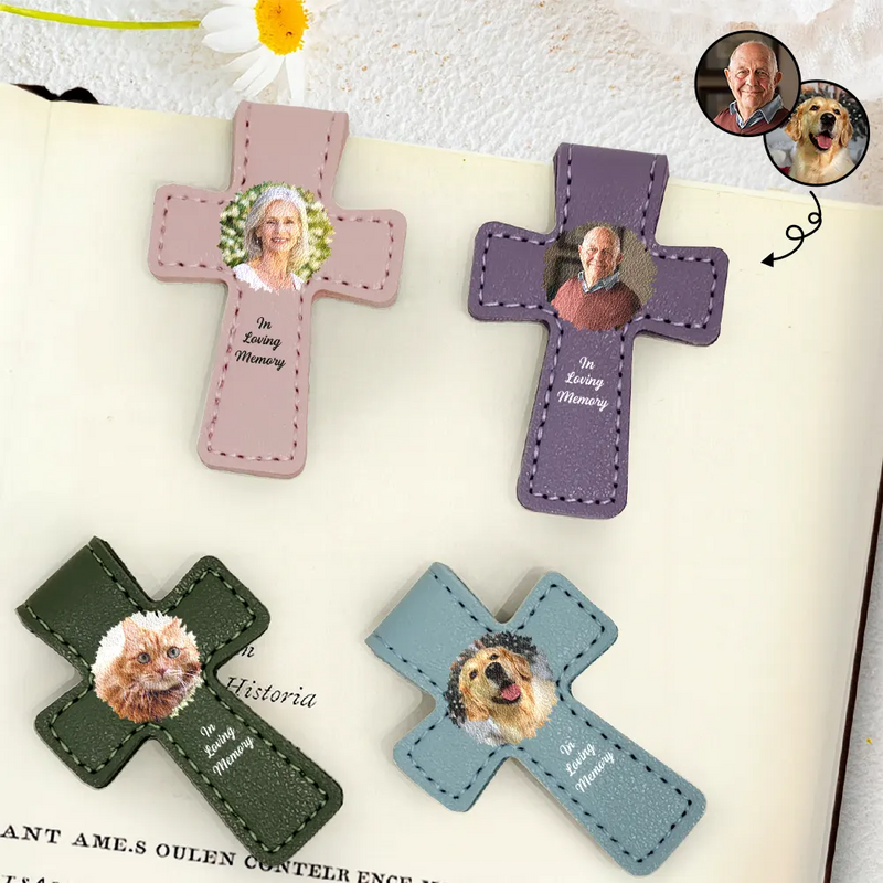 Gift For Yourself,Reading,Christian,Love - Custom Photo In Loving Memory Memorial - Personalized Cross Leather Magnetic Bookmark