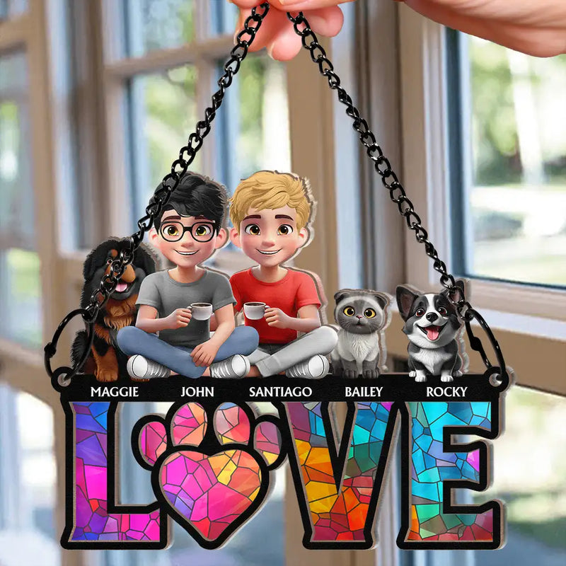 Gift For Couples,Gift For Husband,Gift For Wife,Gift For Boyfriend,Gift For Girlfriend,LGBT,Pet Lovers,Pet Couple,Dog Lovers,Dog Couple,Cat Lovers,Cat Couple,Love - Love Is A Four Legged Word With Dogs Cats - Personalized Window Hanging Suncatcher Ornament