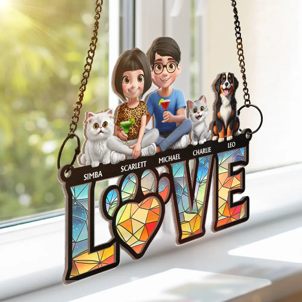 Gift For Couples,Gift For Husband,Gift For Wife,Gift For Boyfriend,Gift For Girlfriend,LGBT,Pet Lovers,Pet Couple,Dog Lovers,Dog Couple,Cat Lovers,Cat Couple,Love - Love Is A Four Legged Word With Dogs Cats - Personalized Window Hanging Suncatcher Ornament