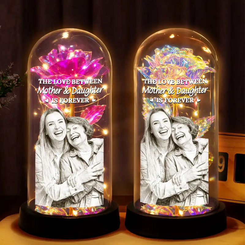 Family,Custom Photo,Gift For Mother,Gift For Father,Mom - Daughters (Adult),Mom - Daughters (Young),Mom - Sons,Mom - Children,Love - Custom Photo Pencil Sketch Art The Love Between Mother & Daughter Is Forever - Personalized Everlasting Rose Dome Lamp