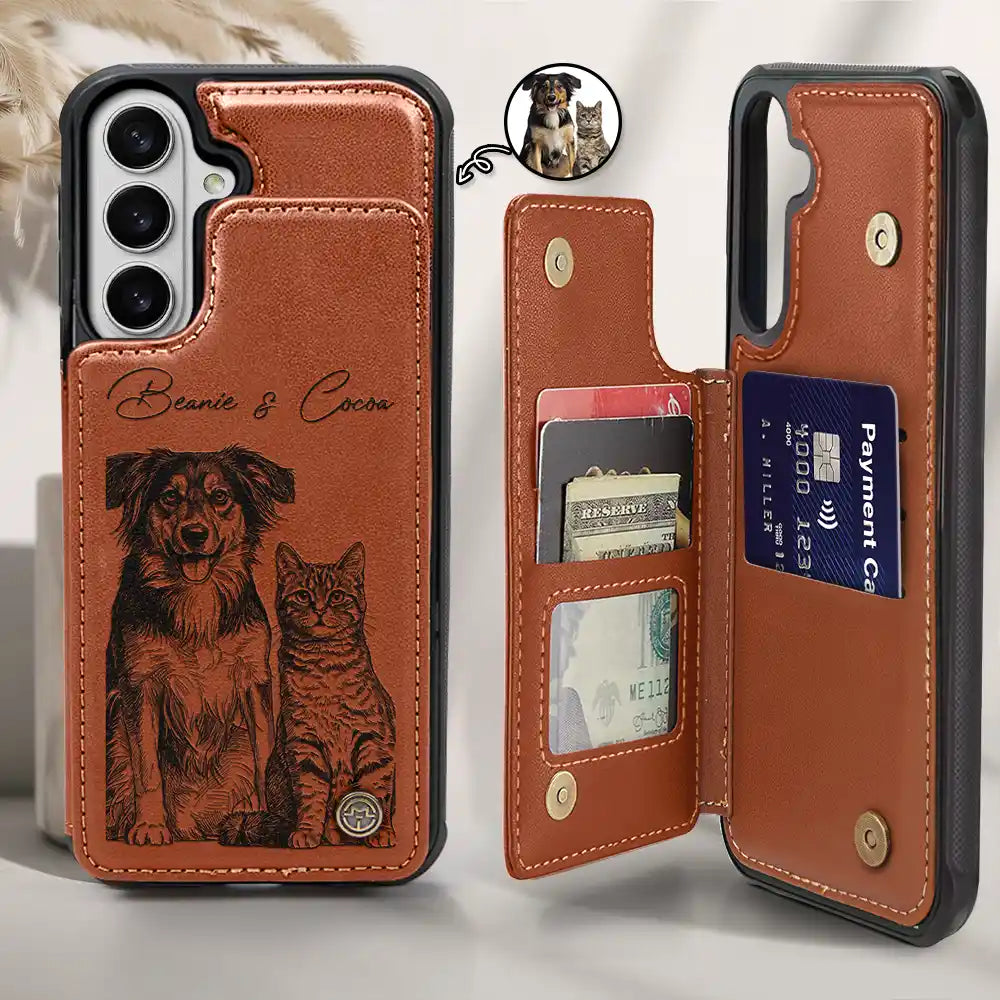Custom Photo,Art Design,Pet Lovers,Adorable,Photo - Pencil Sketch - Dark BG - Custom Photo White Pencil Sketch Art For Dog And Cat Lovers - Personalized Leather Flip Wallet Phone Case