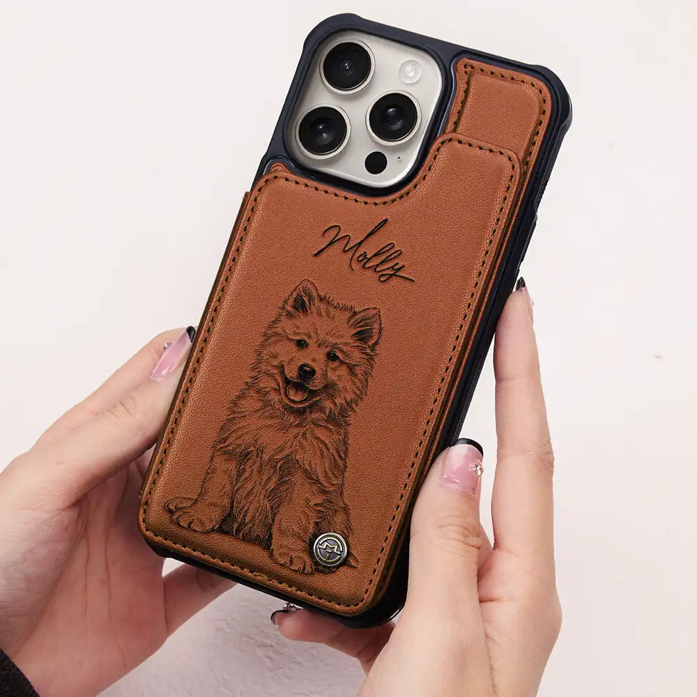 Custom Photo,Art Design,Pet Lovers,Adorable,Photo - Pencil Sketch - Dark BG - Custom Photo White Pencil Sketch Art For Dog And Cat Lovers - Personalized Leather Flip Wallet Phone Case