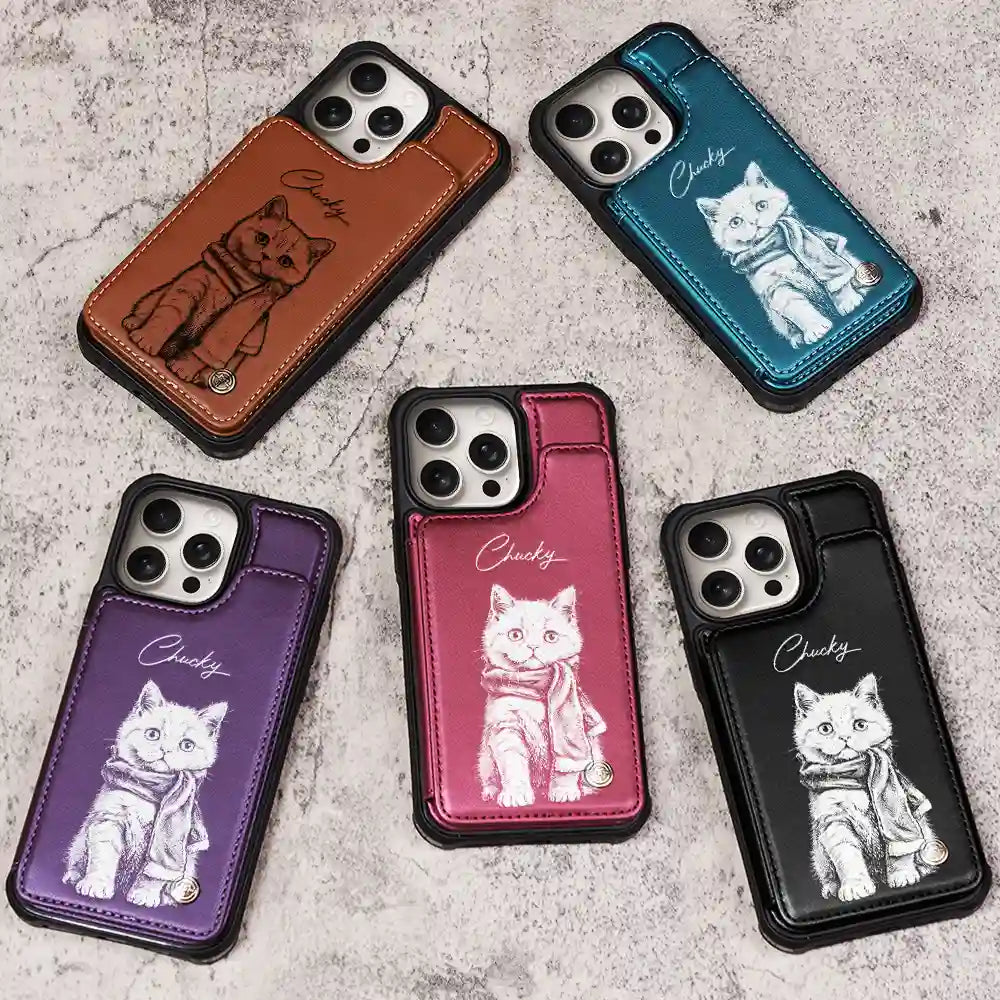 Custom Photo,Art Design,Pet Lovers,Adorable,Photo - Pencil Sketch - Dark BG - Custom Photo White Pencil Sketch Art For Dog And Cat Lovers - Personalized Leather Flip Wallet Phone Case