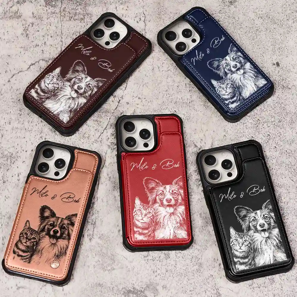 Custom Photo,Art Design,Pet Lovers,Adorable,Photo - Pencil Sketch - Dark BG - Custom Photo White Pencil Sketch Art For Dog And Cat Lovers - Personalized Leather Flip Wallet Phone Case