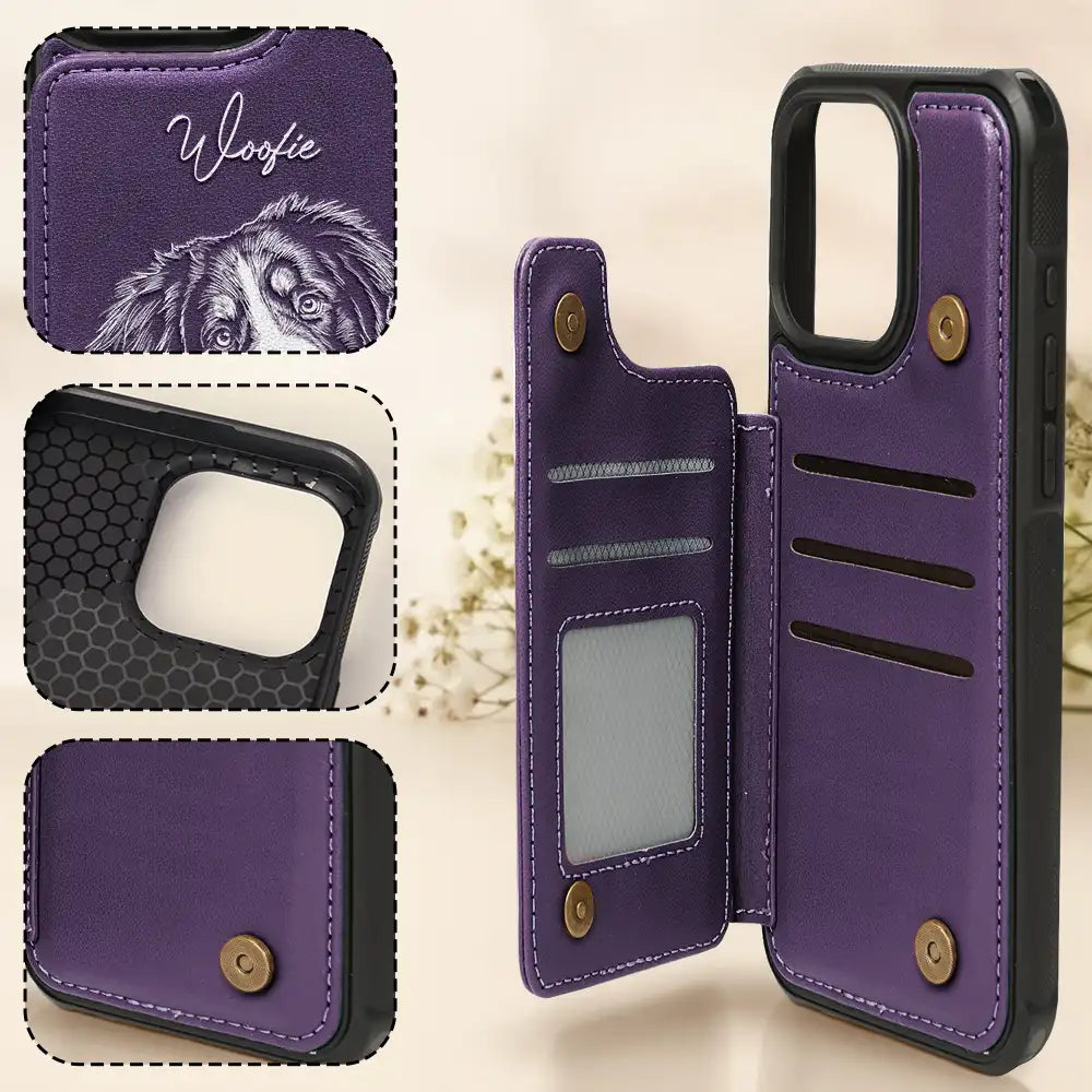 Custom Photo,Art Design,Pet Lovers,Adorable,Photo - Pencil Sketch - Dark BG - Custom Photo White Pencil Sketch Art For Dog And Cat Lovers - Personalized Leather Flip Wallet Phone Case