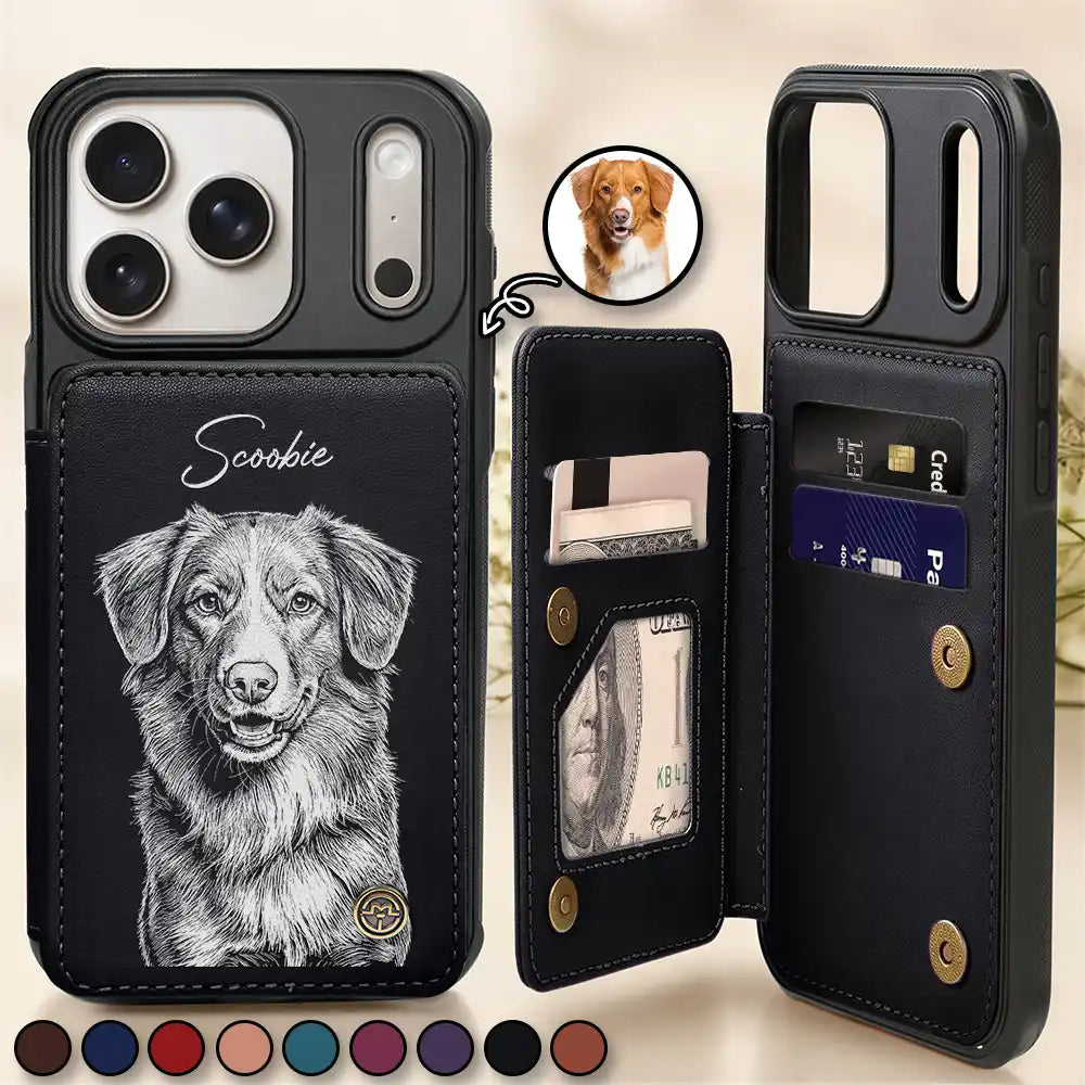 Custom Photo,Art Design,Pet Lovers,Adorable,Photo - Pencil Sketch - Dark BG - Custom Photo White Pencil Sketch Art For Dog And Cat Lovers - Personalized Leather Flip Wallet Phone Case