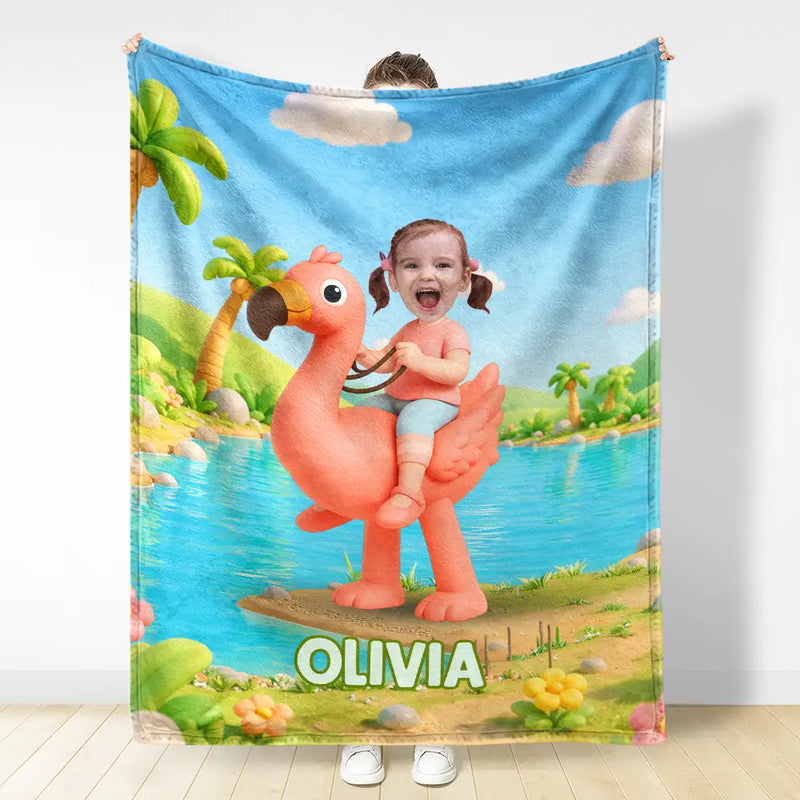 Adorable, Back To School, Custom Photo, Gift For Kids, Cut-Face Photo - Custom Photo Cute Kid Riding Dinosaur Flamingo Unicorn - Personalized Fleece Blanket, Sherpa Blanket