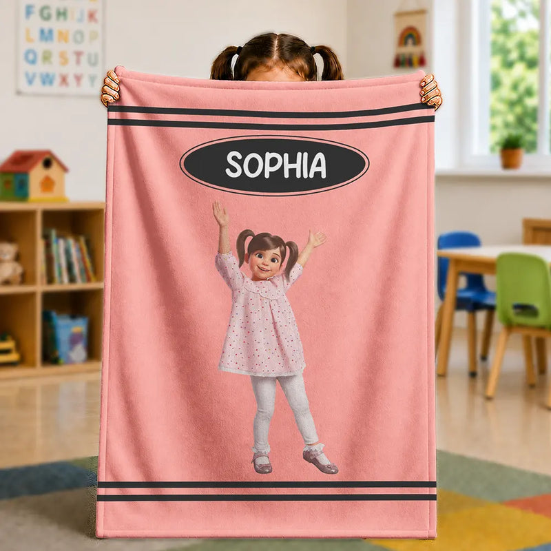 Adorable, Art Design, Back To School, Gift For Kids, Photo - Cartoon Portrait - Custom Photo Cartoon Portrait Kid With Colorful Crayons - Personalized Fleece Blanket, Sherpa Blanket