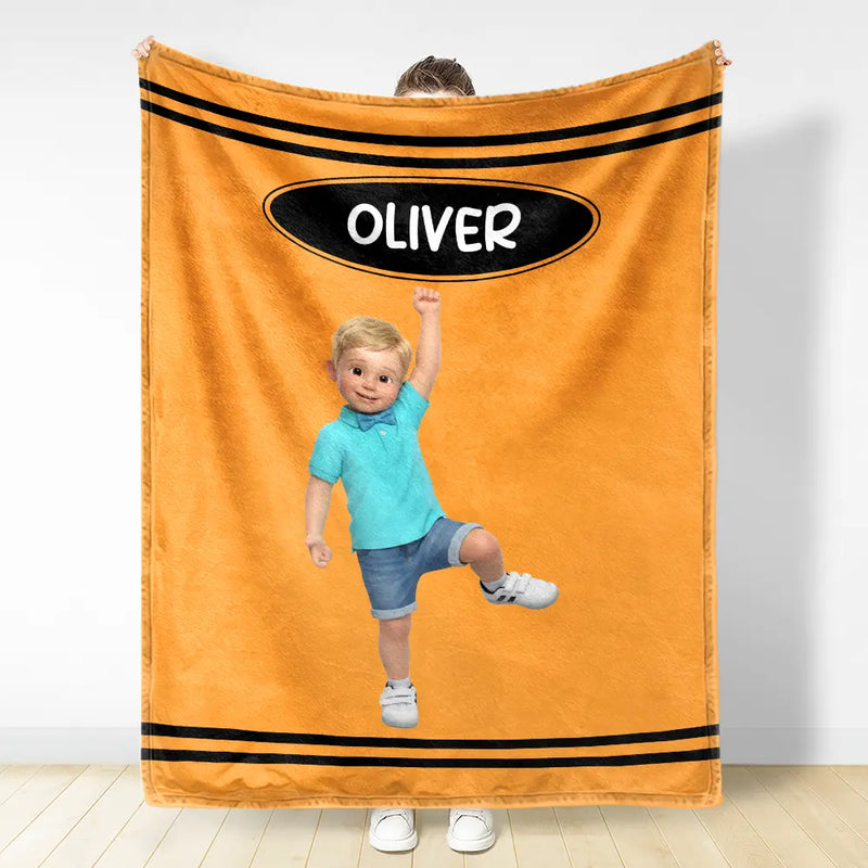 Adorable, Art Design, Back To School, Gift For Kids, Photo - Cartoon Portrait - Custom Photo Cartoon Portrait Kid With Colorful Crayons - Personalized Fleece Blanket, Sherpa Blanket