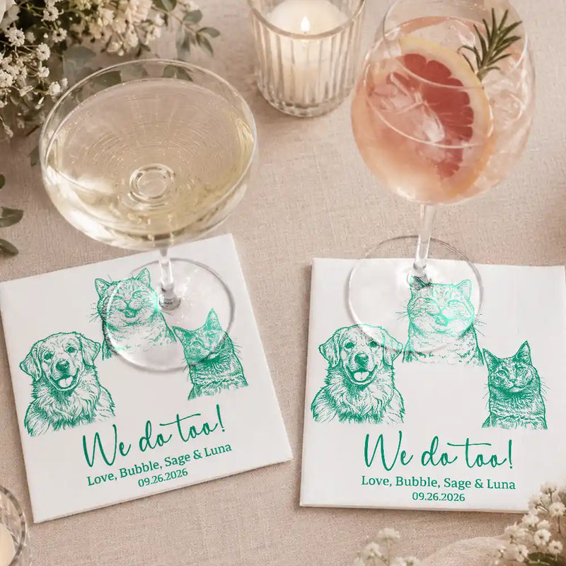 Pet Couple, Art Design, Playful, Pet Lovers, Gift For Couples, Wedding, Photo - Pencil Sketch - Bold - Custom Photo Bold Sketch Dog Cat Pet Couples Wedding Engaged Bachelor Bachelorette Party - Personalized Cocktail Napkins