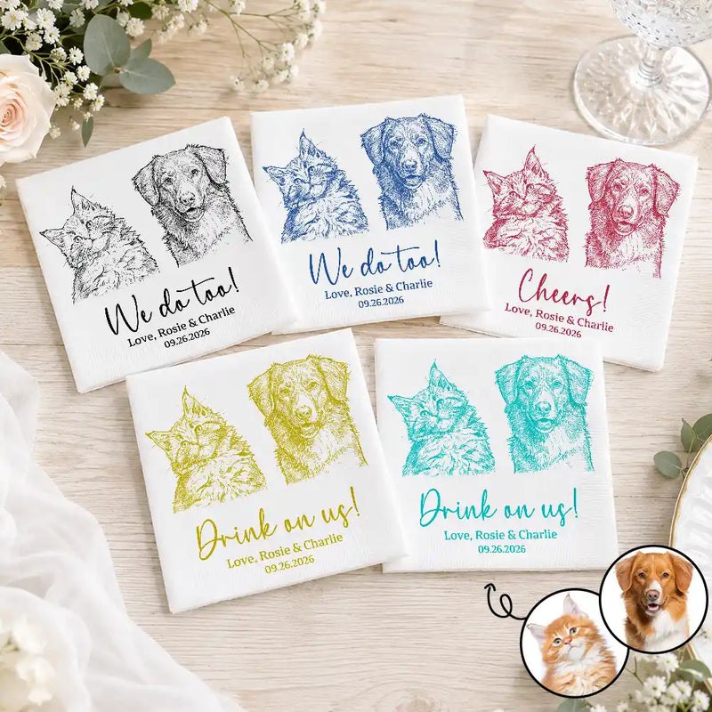 Pet Couple, Art Design, Playful, Pet Lovers, Gift For Couples, Wedding, Photo - Pencil Sketch - Bold - Custom Photo Bold Sketch Dog Cat Pet Couples Wedding Engaged Bachelor Bachelorette Party - Personalized Cocktail Napkins