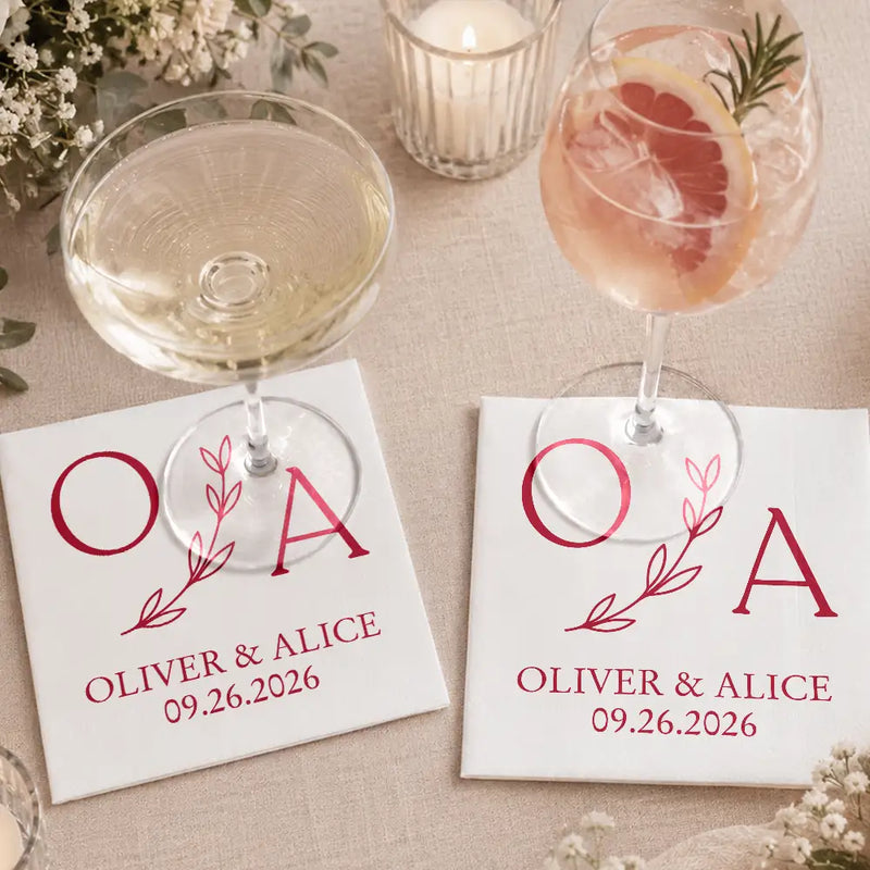 Romantic, Gift For Couples, Wedding, Custom Text - Couples Initials Wedding Engaged Bachelor Bachelorette Party - Personalized Cocktail Napkins