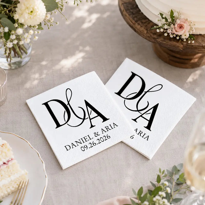 Romantic, Gift For Couples, Wedding, Custom Text - Couples Initials Wedding Engaged Bachelor Bachelorette Party - Personalized Cocktail Napkins