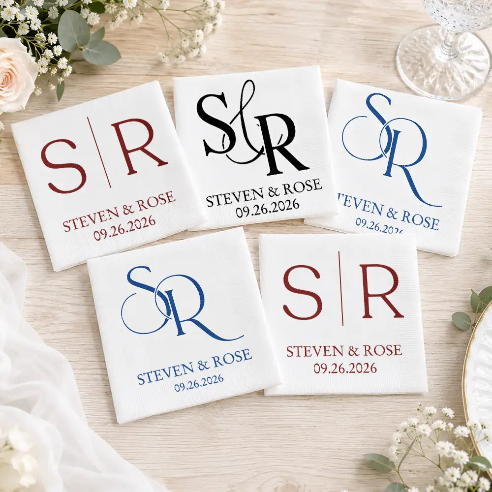 Romantic, Gift For Couples, Wedding, Custom Text - Couples Initials Wedding Engaged Bachelor Bachelorette Party - Personalized Cocktail Napkins