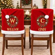 Christmas,Family,Happy,Monogram - Christmas Table Decor Gift For Family - Personalized Monogram Gold Initial In Holly Wreath Chair Cover