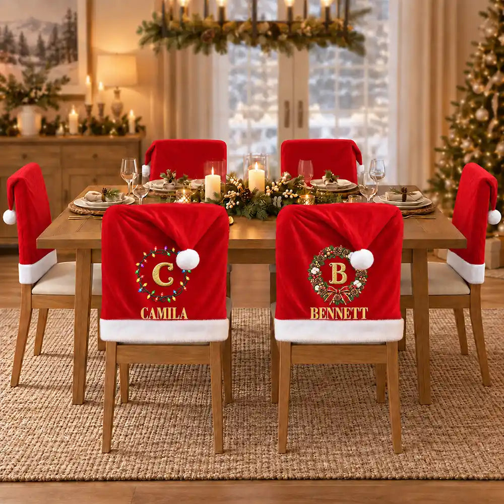 Christmas,Family,Happy,Monogram - Christmas Table Decor Gift For Family - Personalized Monogram Gold Initial In Holly Wreath Chair Cover