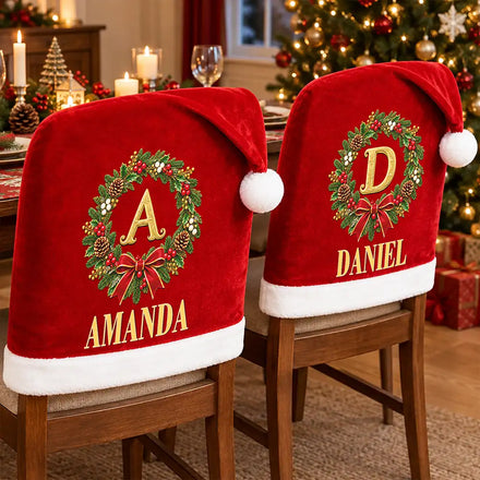 Christmas Table Decor Gift For Family - Personalized Monogram Gold Initial In Holly Wreath Chair Cover