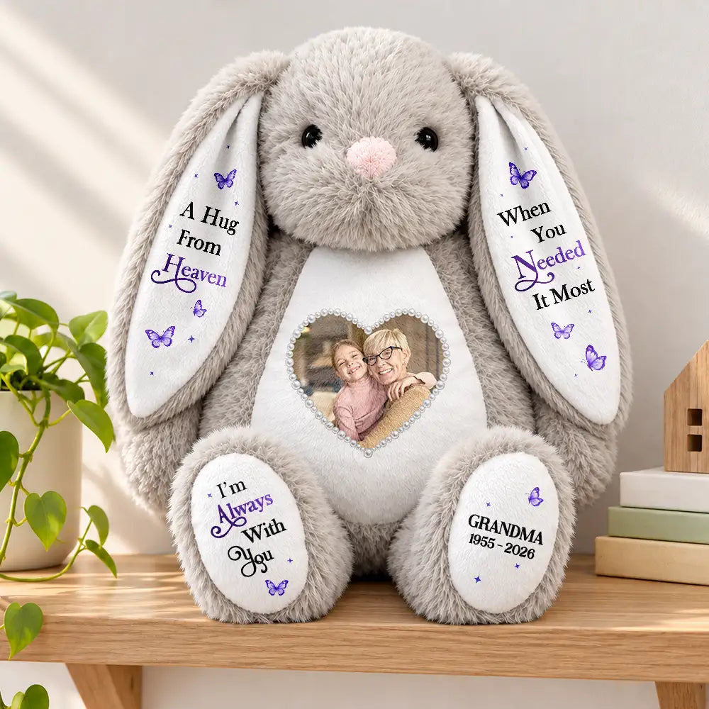 Christmas, Custom Photo, Gift For Kids, Healing, Memorial, Top Market, Upload Full Photo - Memorial Gift For Kids Grandkids - Personalized Custom Photo Name And Years Hug From Heaven Soft Toy Bunny