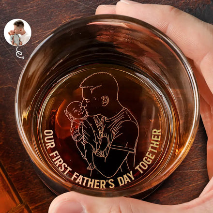 Custom Photo Outline Sketch New Dad Our First Father's Day Together - Personalized Engraved Whiskey Glass