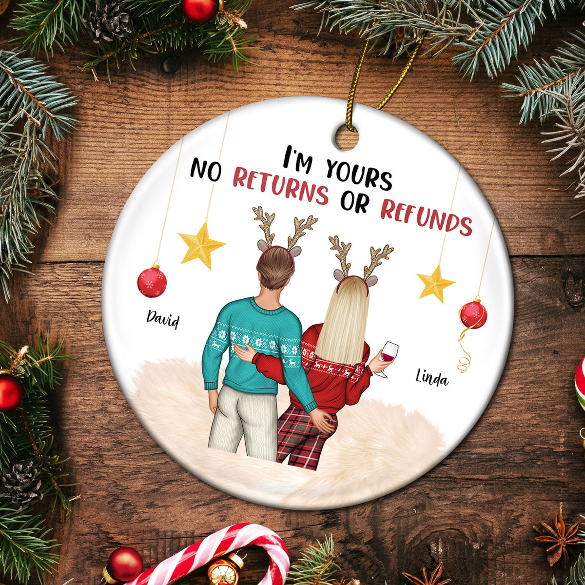 I'm Yours No Returns Or Refunds - Christmas Gift For Couples - Personalized Circle Ceramic Ornament