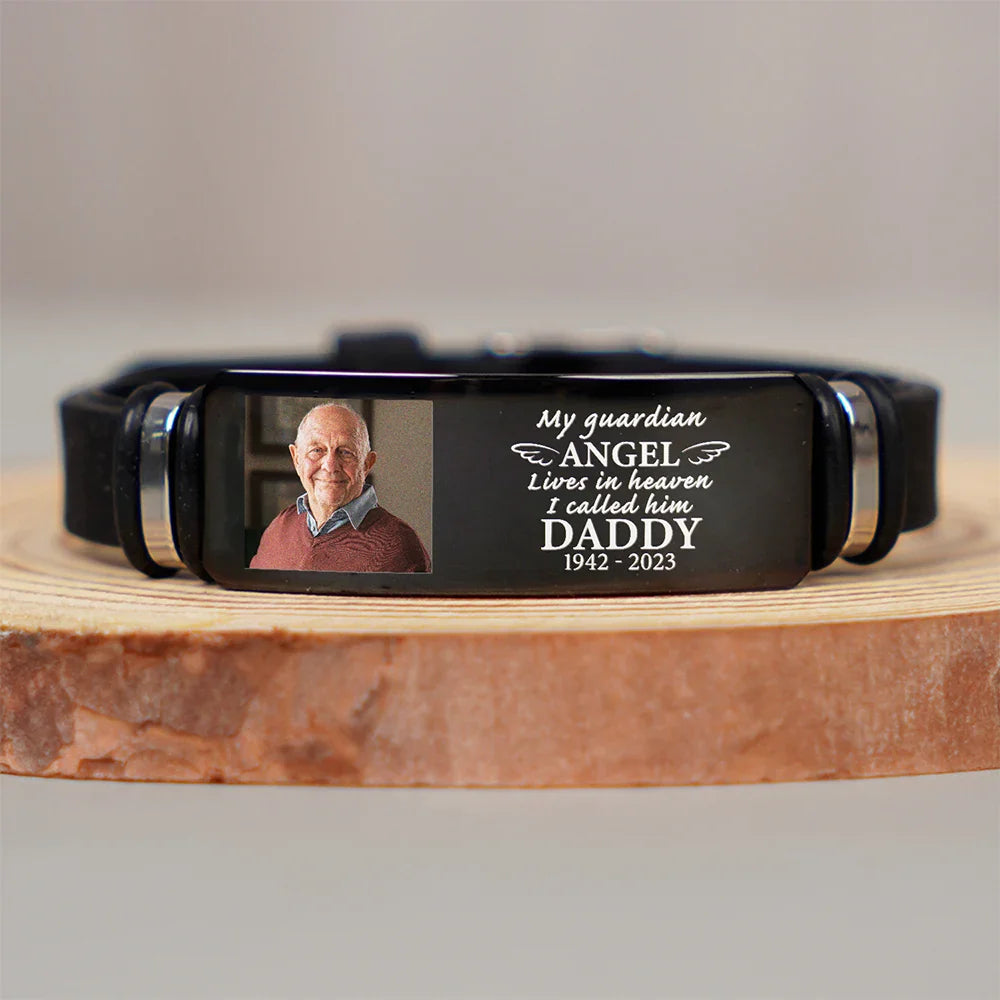 Custom Photo My Guardian Angel Lives In Heaven - Personalized Wristband Bracelet