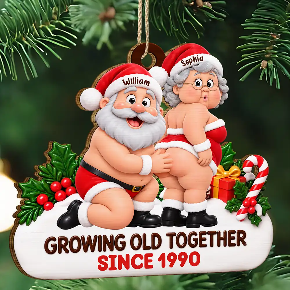 Funny Anniversary Gift For Couples - Personalized Santa Claus Growing Old Together Wooden Ornament
