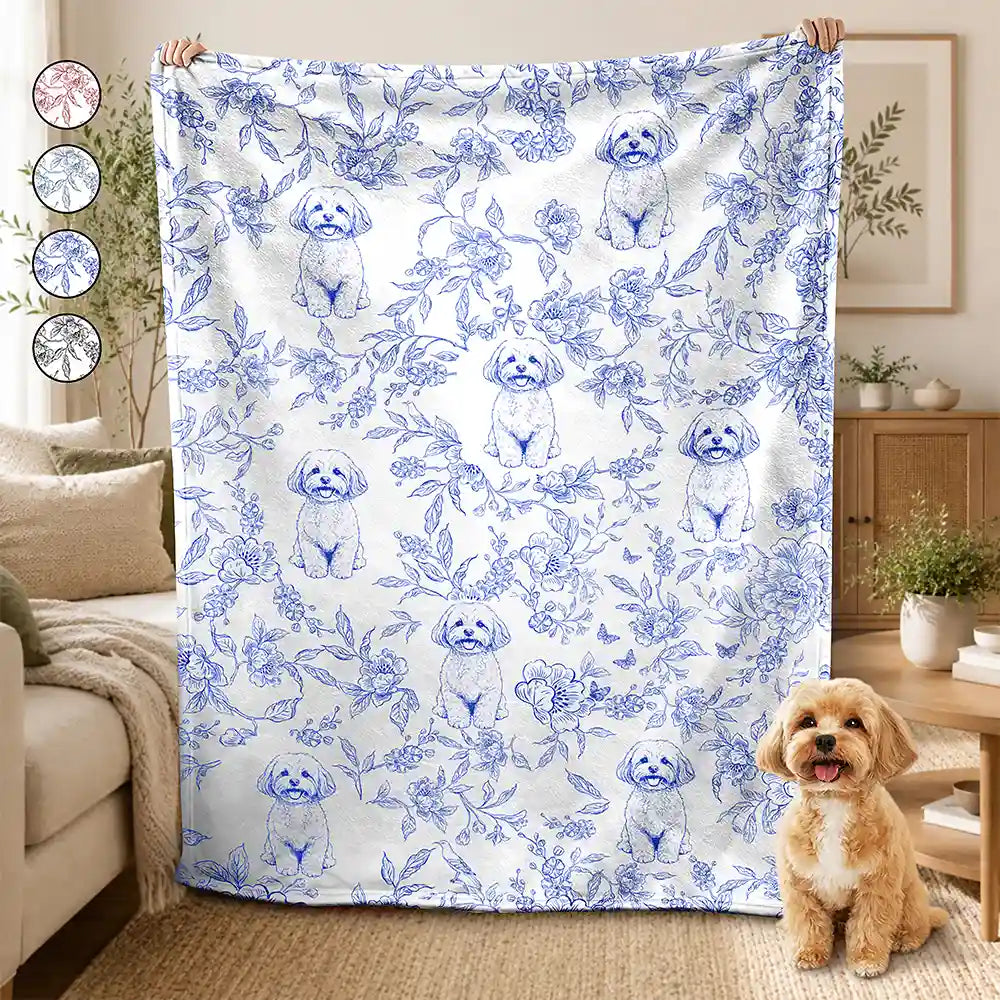 Gift For Pet Lovers - Personalized Custom Photo Pencil Sketch Chinoiserie Toile Fleece Blanket, Sherpa Blanket