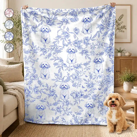 Gift For Pet Lovers - Personalized Custom Photo Pencil Sketch Chinoiserie Toile Fleece Blanket, Sherpa Blanket